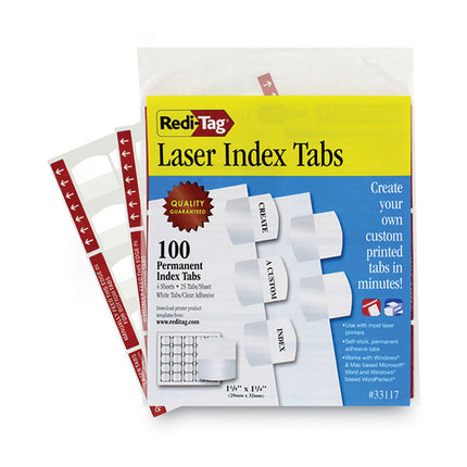 Laser Printable Index Tabs, 1/5-Cut, White, 1.13" Wide, 100/Pack