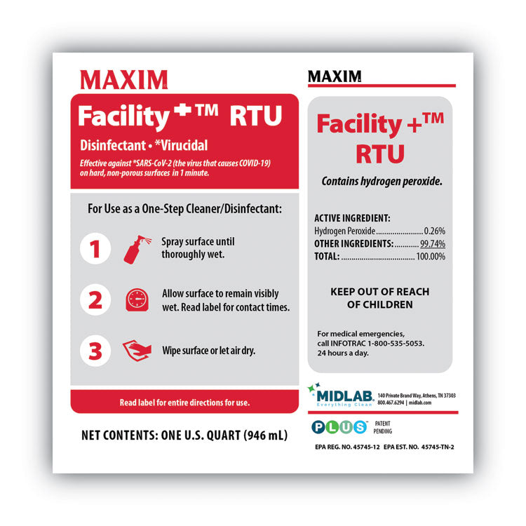 Facility+ RTU Disinfectant, Safe-to-Ship, Unscented, 32 oz, 6/Carton