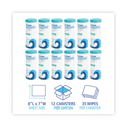 Quat-Based Disinfecting Wipes, 7 x 8, Fresh Scent, 35/Canister, 12 Canisters/Carton