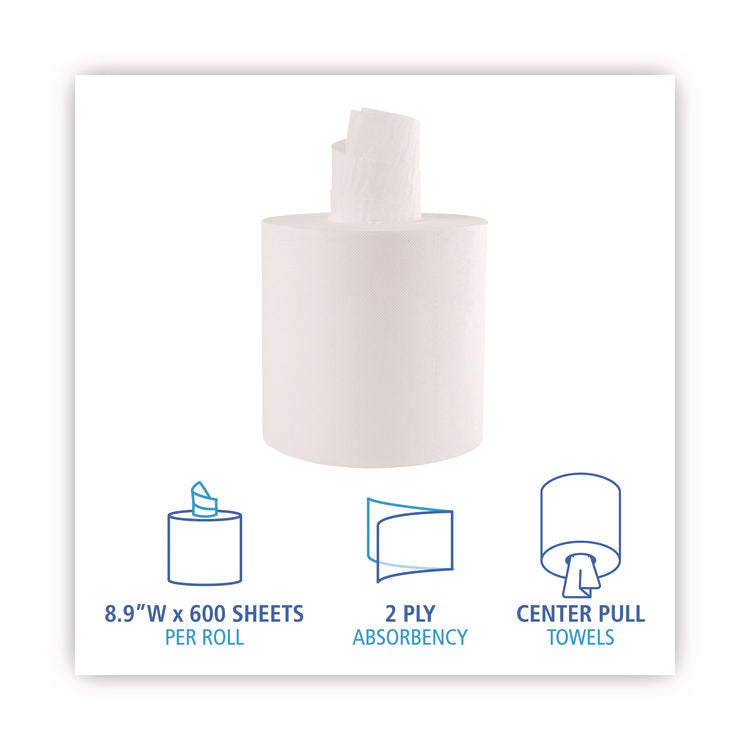 Center-Pull Roll Towels, 2-Ply, 7.6 x 8.9, White, 600/Roll, 6/Carton