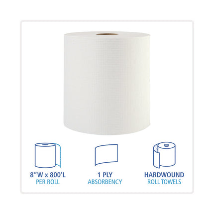 Hardwound Paper Towels, 1-Ply, 8" x 800 ft, White, 6 Rolls/Carton