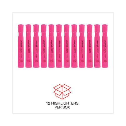 Desk Highlighters, Fluorescent Pink Ink, Chisel Tip, Pink Barrel, Dozen