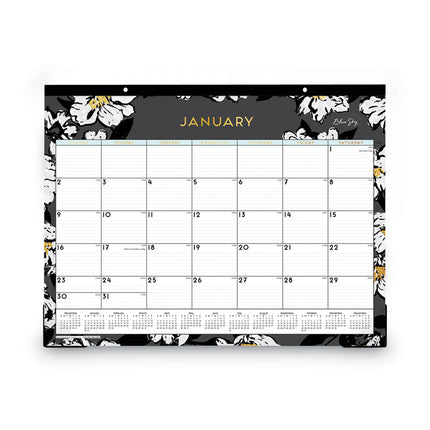 Baccara Dark Desk Pad, Floral Artwork, 22 x 17, White/Black/Gold Sheets, Black Binding, 12-Month (Jan to Dec): 2025