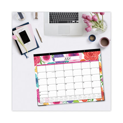 Mahalo Academic Desk Pad, Floral Artwork, 22 x 17, Black Binding, Clear Corners, 12-Month (July to June): 2024 to 2025