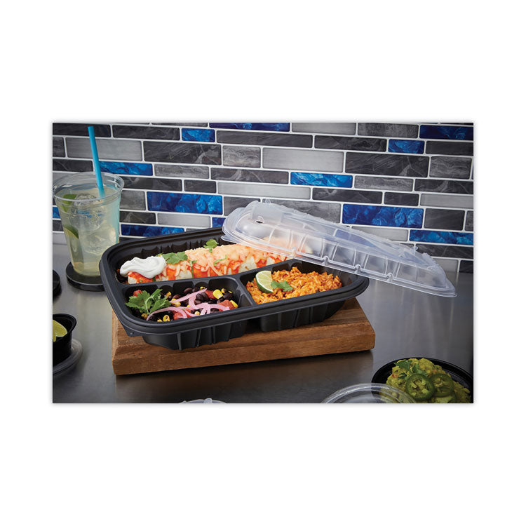 EarthChoice Entree2Go Takeout Container, 3 Compartments, 48 oz, 11.75 x 8.75 x 2.13, Black, Plastic, 200/Carton