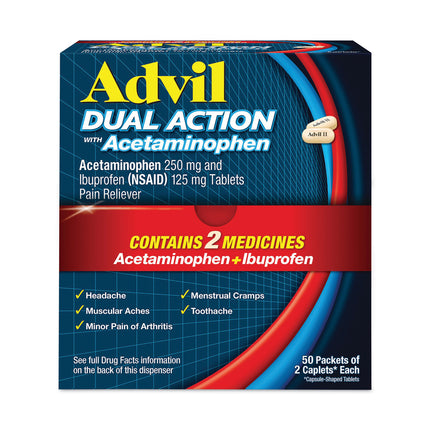 Dual Action with Acetaminophen and Ibuprofen Caplets, 50 Packets of 2 Caplets