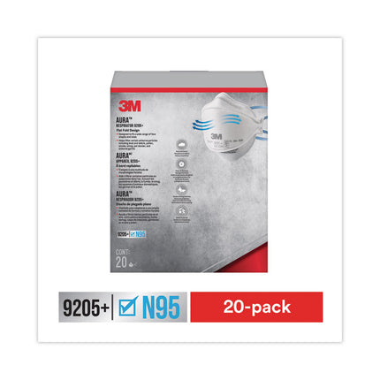 Aura Particulate Respirator 9205+, N95, One Size Fits All, 20/Pack