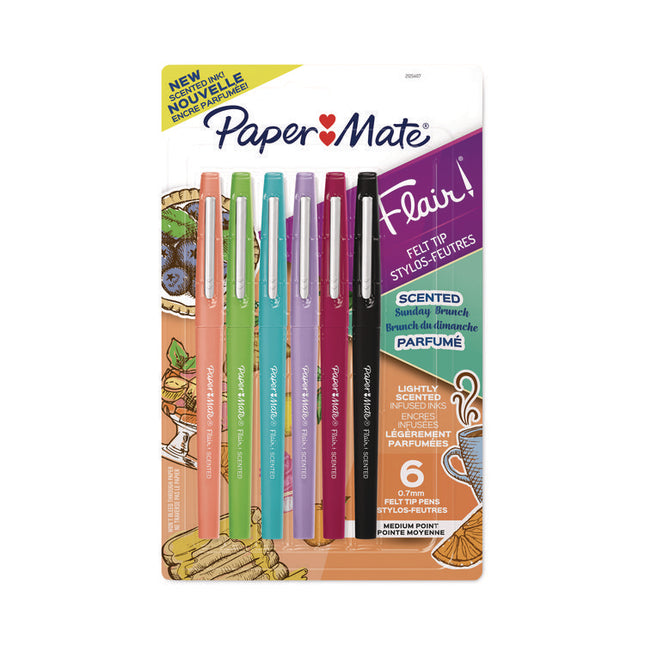 Flair Scented Felt Tip Porous Point Pen, Stick, Medium 0.7 mm, Sunday Brunch Scents, Assorted Ink and Barrel Colors, 6/Pack