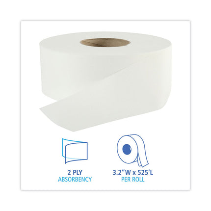 Jumbo Roll Bathroom Tissue, Septic Safe, 2-Ply, White, 3.2" X 525 Ft, 12 Rolls/carton