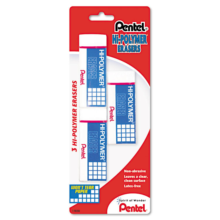Hi-Polymer Eraser, For Pencil Marks, Rectangular Block, Medium, White, 3/pack