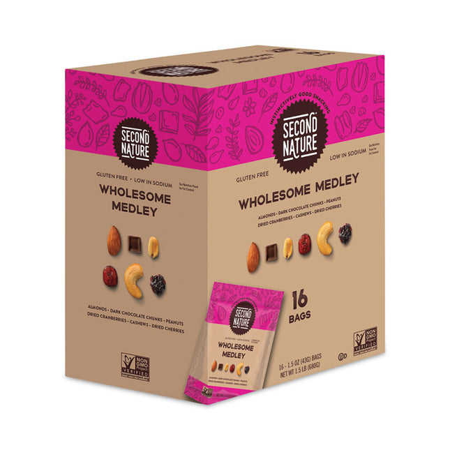 Wholesome Medley Trail Mix, 1.5 oz Bag, 16 Bags/Carton