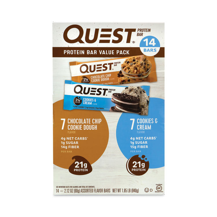 Protein Bar Value Pack, Chocolate Chip Cookie Dough, Cookies and Cream, 2.12 oz Bar, 14/Carton