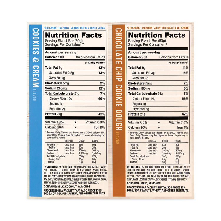 Protein Bar Value Pack, Chocolate Chip Cookie Dough, Cookies and Cream, 2.12 oz Bar, 14/Carton