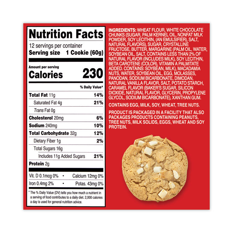 White Chunk Macadamia Cookies, 2.1 oz, Individually Wrapped Pack, White Chocolate, 12/Carton