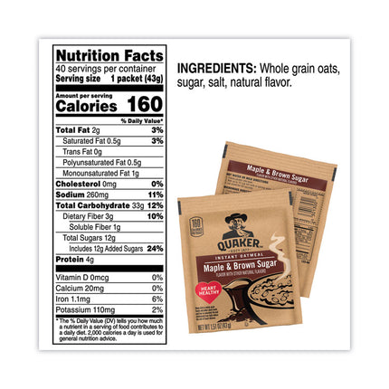 Instant Oatmeal, Maple and Brown Sugar, 1.51 oz Packet, 40/Carton