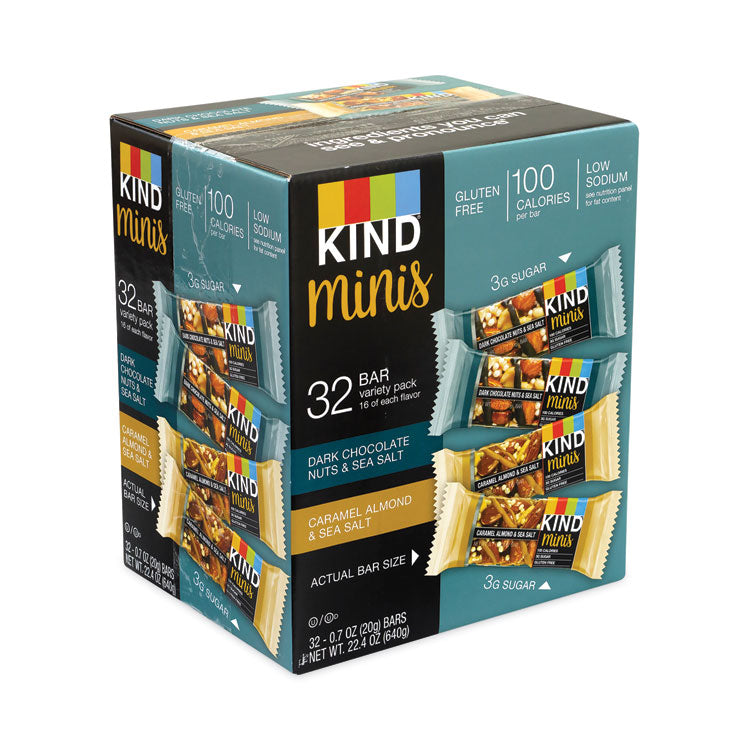 Minis, Dark Chocolate Nuts Sea Salt/Caramel Almond Nuts Sea Salt, 0.7 oz Bar, 32 Bars/Carton