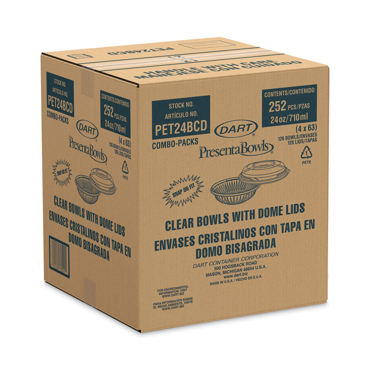 PresentaBowls Bowl/Lid Combo-Paks, 24 oz, 7.25" Diameter x 2.38" h, Clear, Plastic, 63/Pack, 2 Pack/Carton