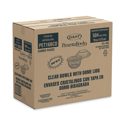 PresentaBowls Bowl/Lid Combo-Paks, 16 oz, 5.38" Diameter x 2.6" h, Clear, Plastic, 63/Pack, 4 Pack/Carton