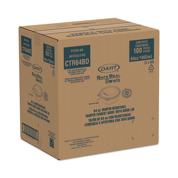 Tamper-Resistant, Tamper-Evident Bowls with Dome Lid, 64 oz, 8.9" Diameter x 4" h, Clear, Plastic, 100/Carton