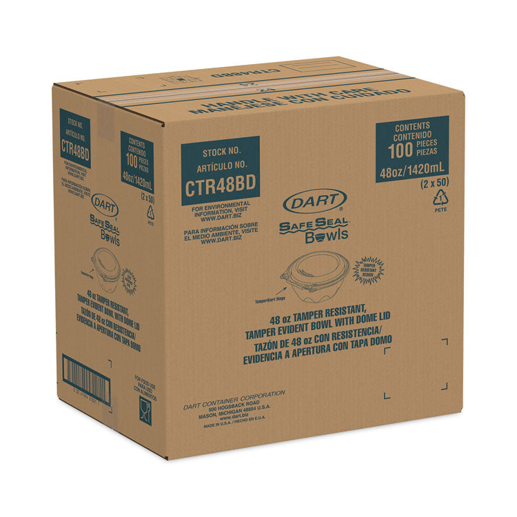 Tamper-Resistant, Tamper-Evident Bowls with Dome Lid, 48 oz, 8.9" Diameter x 3.4" h, Clear, Plastic, 100/Carton