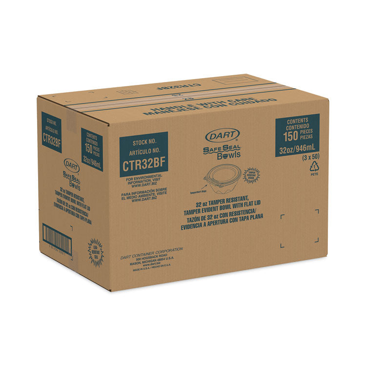 Tamper-Resistant, Tamper-Evident Bowls with Flat Lid, 32 oz, 7" Diameter x 3.2" h, Clear, Plastic, 150/Carton