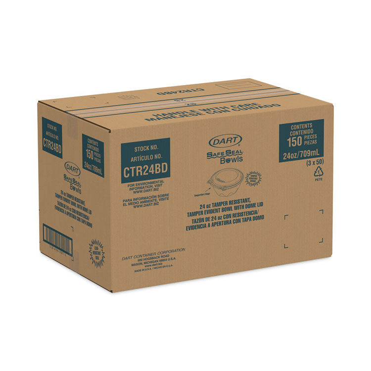 Tamper-Resistant, Tamper-Evident Bowls with Dome Lid, 24 oz, 7" Diameter x 3.1" h, Clear, Plastic, 150/Carton