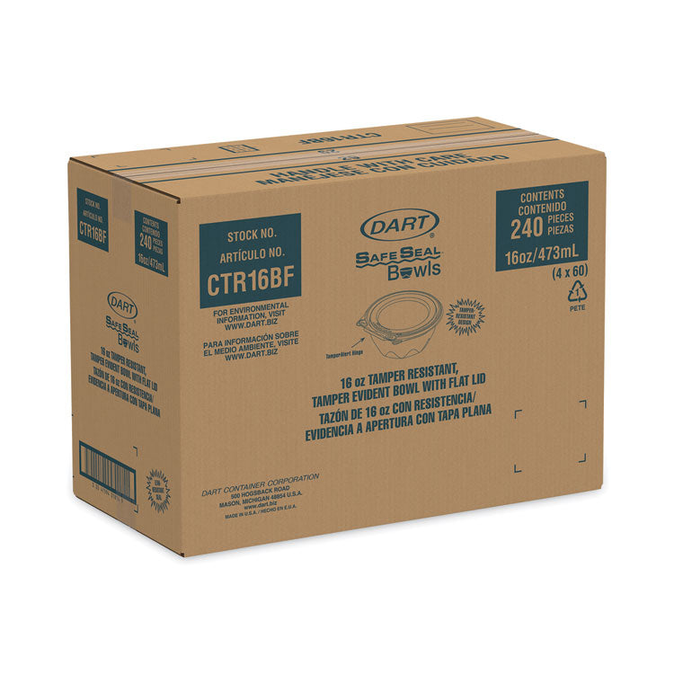 Tamper-Resistant, Tamper-Evident Bowls with Flat Lid, 16 oz, 5.5" Diameter x 2.7" h, Clear, Plastic, 240/Carton