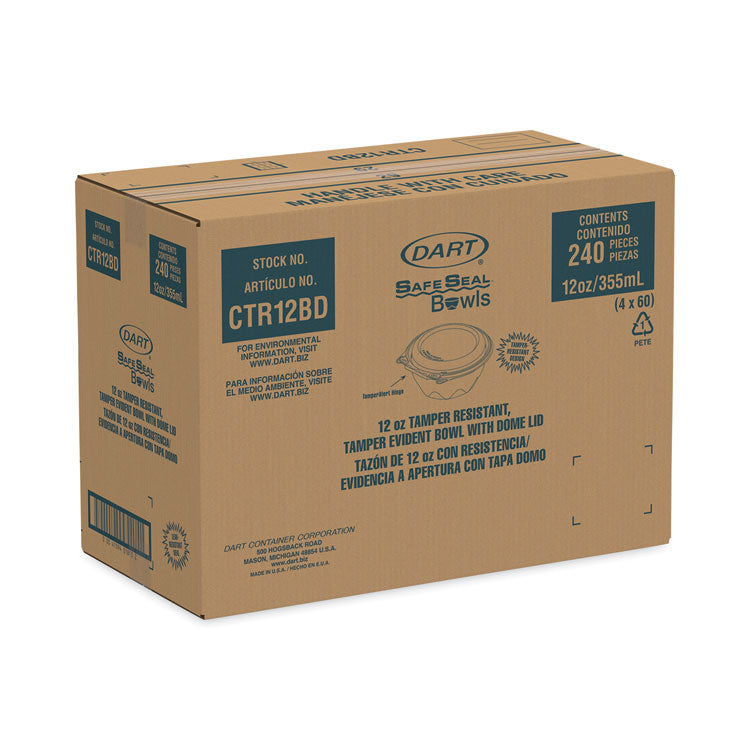 Tamper-Resistant, Tamper-Evident Bowls with Dome Lid, 12 oz, 5.5" Diameter x 2.6" h, Clear, Plastic, 240/Carton
