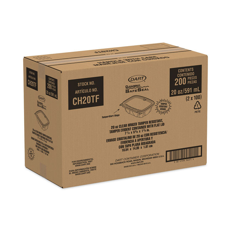 ClearPac SafeSeal Tamper-Resistant, Tamper-Evident Containers, Tall, Flat Lid, 20 oz, Clear, Plastic, 200/Carton