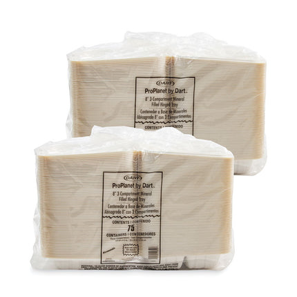 Hinged Lid Containers, 3 Compartments, 8.3 x 8 x 3, White, Plastic, 150/Carton