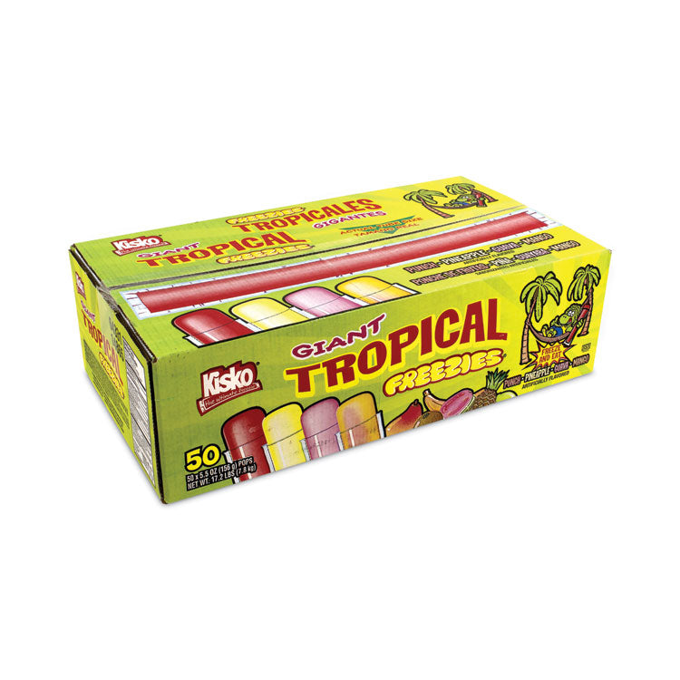 Giant Tropical Freezies Ice Pops, 5.5 oz Tube, Fruit Punch, Guava, Mango, Pineapple, 50/Carton