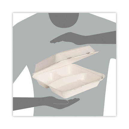 Bare Eco-Forward Bagasse Hinged Lid Containers, ProPlanet Seal, 3 Compartments, 9.6 x 9.4 x 3.2, Ivory, Sugarcane, 200/Carton