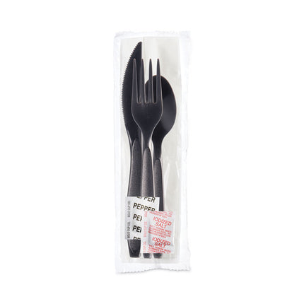 Reliance Mediumweight Cutlery Kit, Fork/Knife/Napkin/Pepper/Salt/Spoon, Plastic, Black, 250/Carton