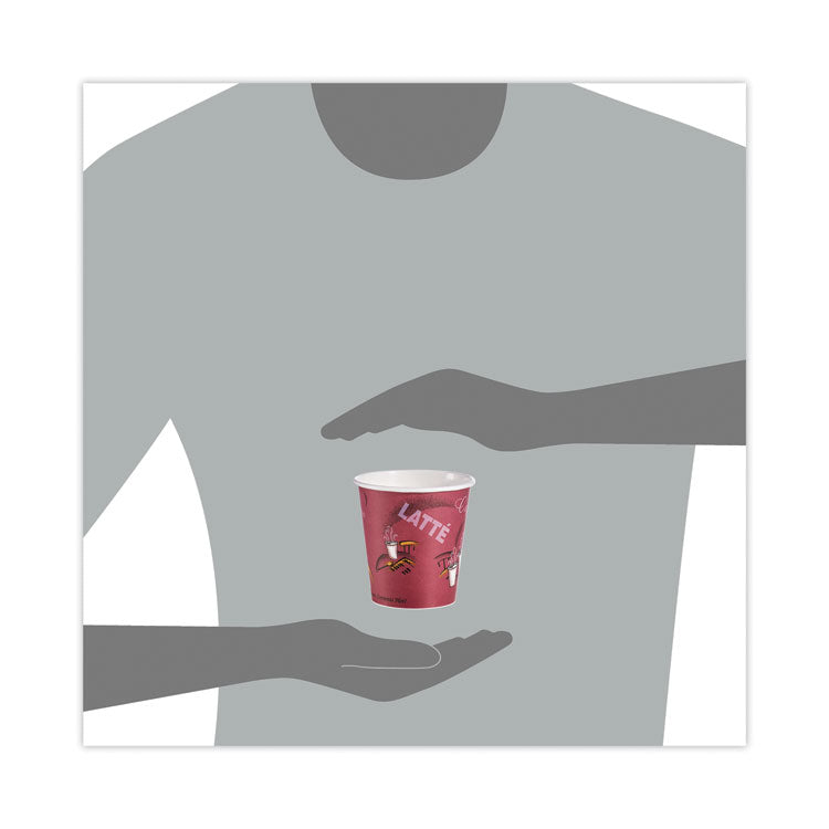 Paper Hot Drink Cups in Bistro Design, 3.54" Diameter x 3.61" h, 10 oz, Maroon, 1,000/Carton