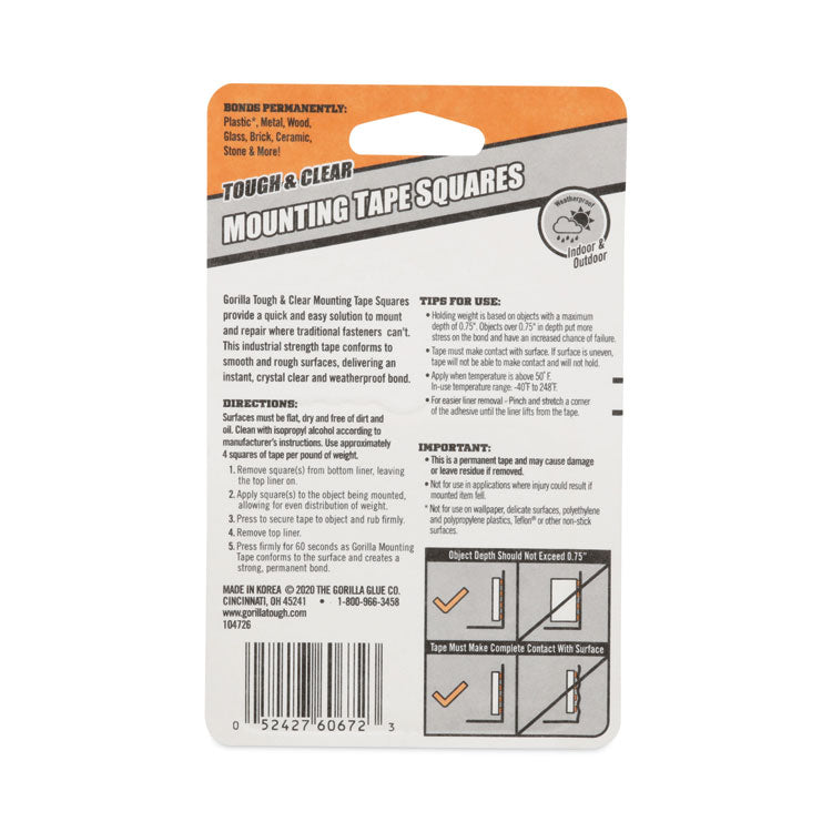 Tough and Clear Double-Sided Mounting Tape Squares, Holds Up to 0.58 lb per Pair (Up to 7 lb per 24), 1" x 1", Clear, 24/Pack
