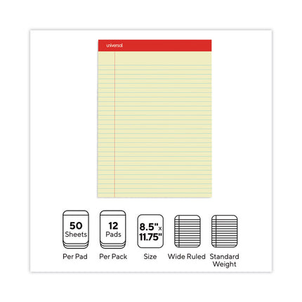 Perforated Ruled Writing Pads, Wide/legal Rule, Red Headband, 50 Canary-Yellow 8.5 X 11.75 Sheets, Dozen