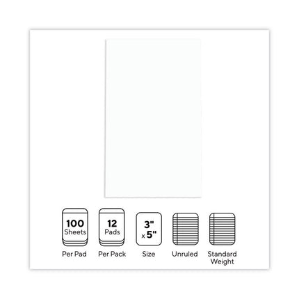 Scratch Pads, Unruled, 3 x 5, White, 100 Sheets, 12/Pack