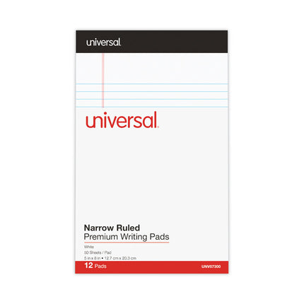 Premium Ruled Writing Pads With Heavy-Duty Back, Narrow Rule, Black Headband, 50 White 5 X 8 Sheets, 12/pack
