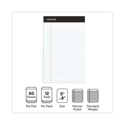 Premium Ruled Writing Pads With Heavy-Duty Back, Narrow Rule, Black Headband, 50 White 5 X 8 Sheets, 12/pack