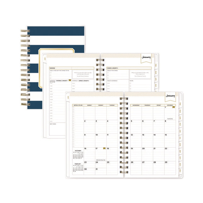Day Designer Navy Stripe Daily/Monthly Planner, Horizontal Stripe Artwork, 8 x 5, Navy/White Cover, 12-Month (Jan-Dec): 2025