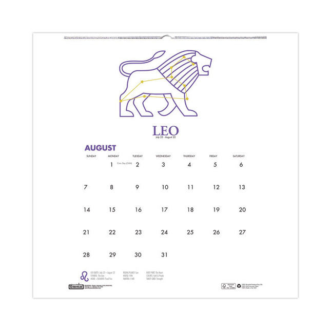 Recycled Academic Zodiac Wall Calendar, 11 x 14, Multicolor Sheets, 12-Month (Aug to July): 2024 to 2025