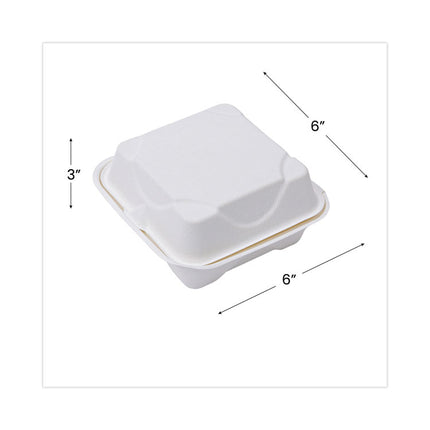 Molded Fiber Hinged Clamshell Containers, 6 x 6 x 3, White, Sugarcane, 50/Pack, 10 Packs/Carton