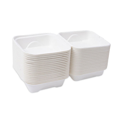 Molded Fiber Hinged Clamshell Containers, 6 x 6 x 3, White, Sugarcane, 50/Pack, 10 Packs/Carton