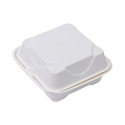 Molded Fiber Hinged Clamshell Containers, 6 x 6 x 3, White, Sugarcane, 50/Pack, 10 Packs/Carton