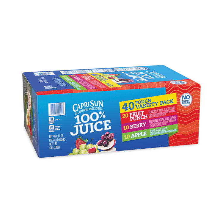100% Juice Pouches Variety Pack, 6 oz, 40 Pouches/Carton