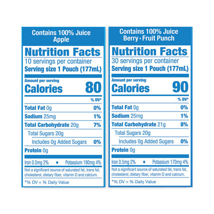 100% Juice Pouches Variety Pack, 6 oz, 40 Pouches/Carton
