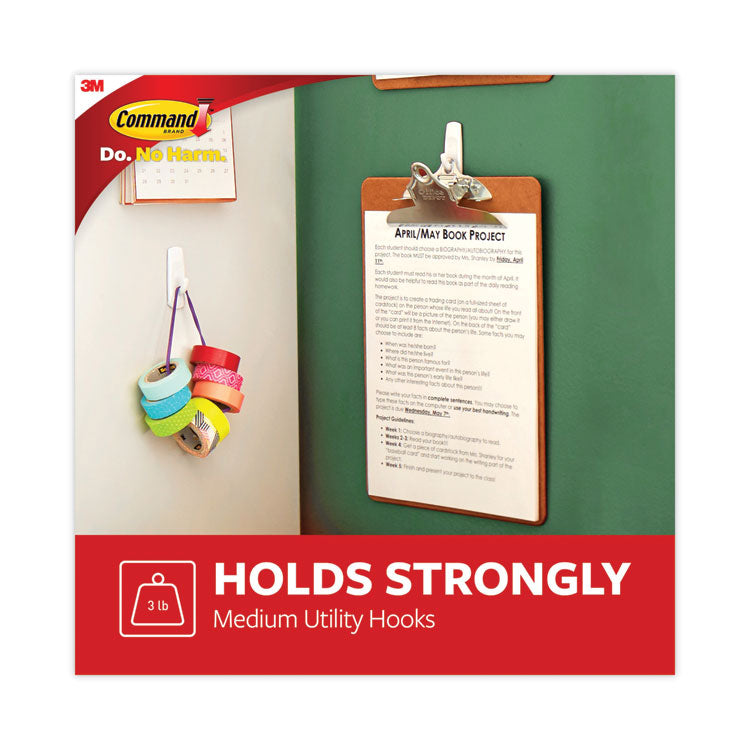 General Purpose Hooks, Medium, Plastic, White, 3 lb Capacity, 20 Hooks and 24 Strips/Pack