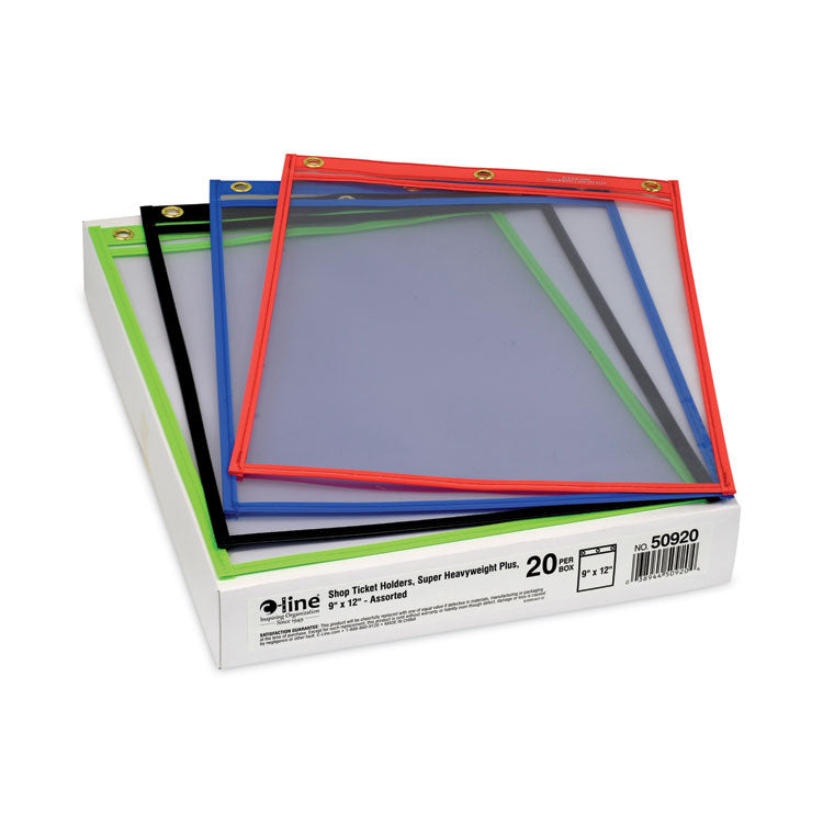 Heavy-Duty Super Heavyweight Plus Stitched Shop Ticket Holders, Clear/Assorted, 9 X 12, 20/Box