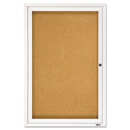 Enclosed Indoor Cork Bulletin Board with One Hinged Door, 24" x 36", Tan Surface, Satin Aluminum Frame
