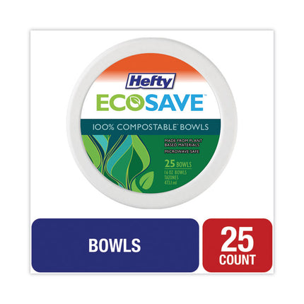 ECOSAVE Tableware, Bowl, Sugarcane, 16 oz, White, 25/Pack